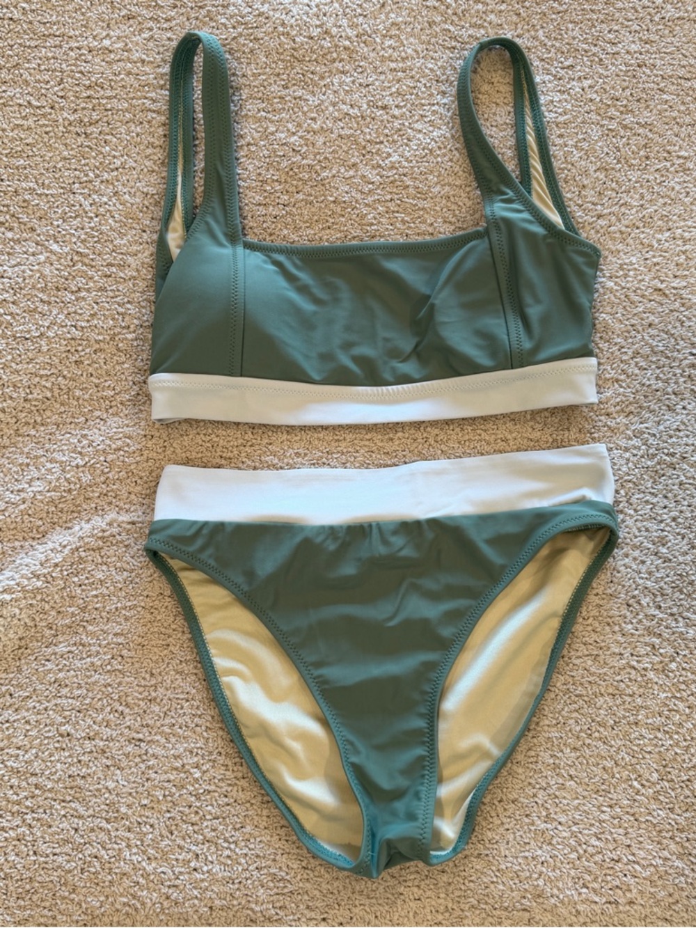 Scoop Neck Contrast Band Bikini Set - Sage Green and White